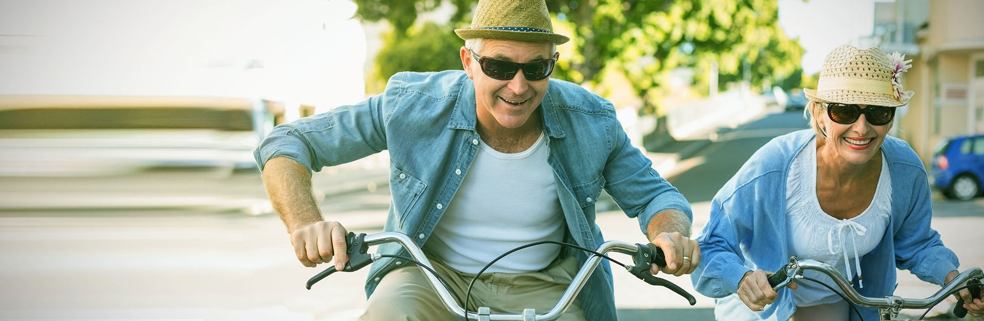 Retired couple riding bicycles